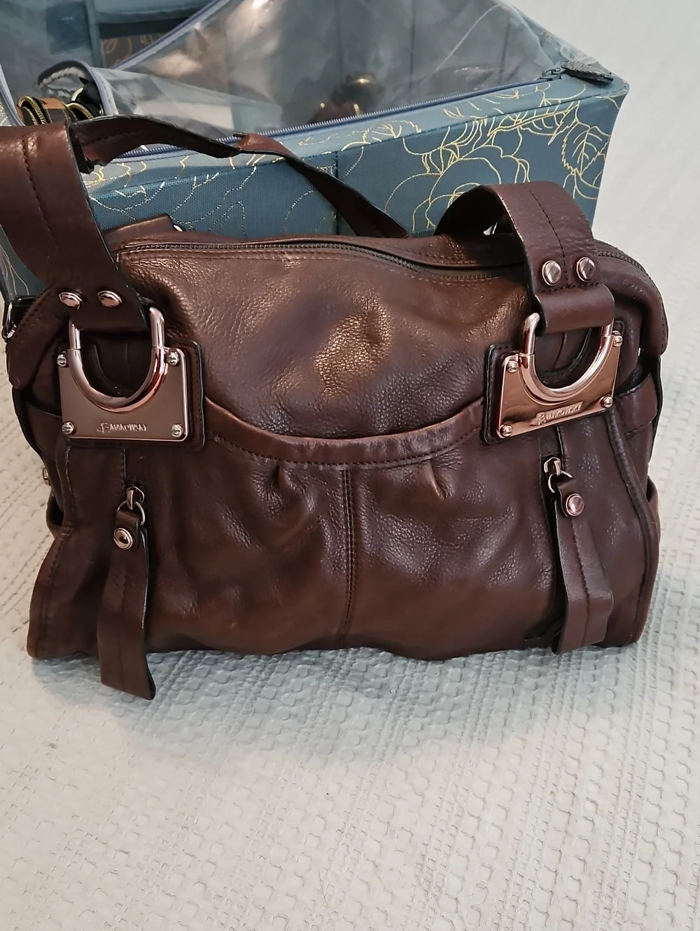 b. makowsky Chocolate Brown Leather Messenger Bag with Silver Hardware